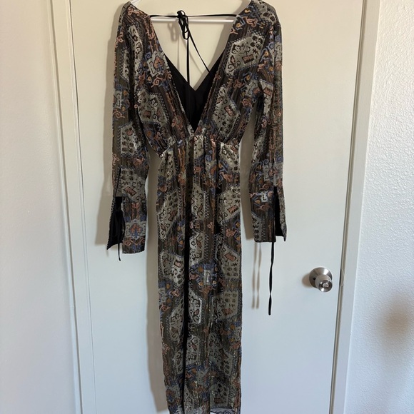 TOPSHOP Women Size 2 Floral Velvet 70s Style Front Slits Midi Dress Gold Fairy - Picture 7 of 14